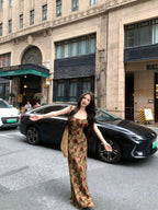 Brown Rose Print Ruffle Neck Spaghetti Strap Maxi Dress