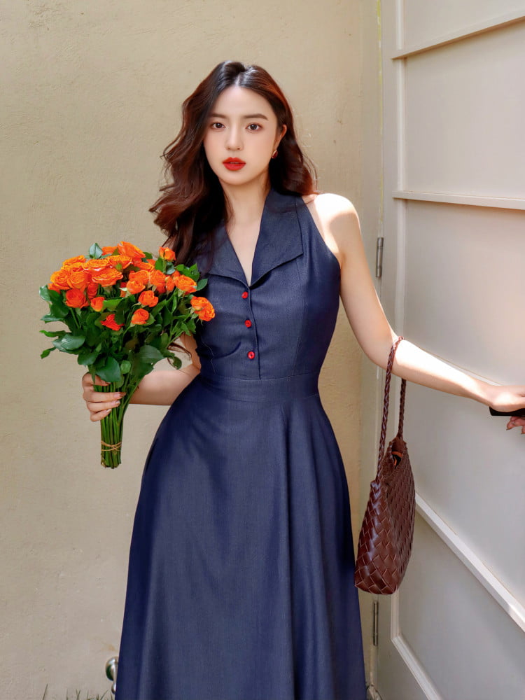 Denim Blue Collared Fit-And-Flare Midi Dress