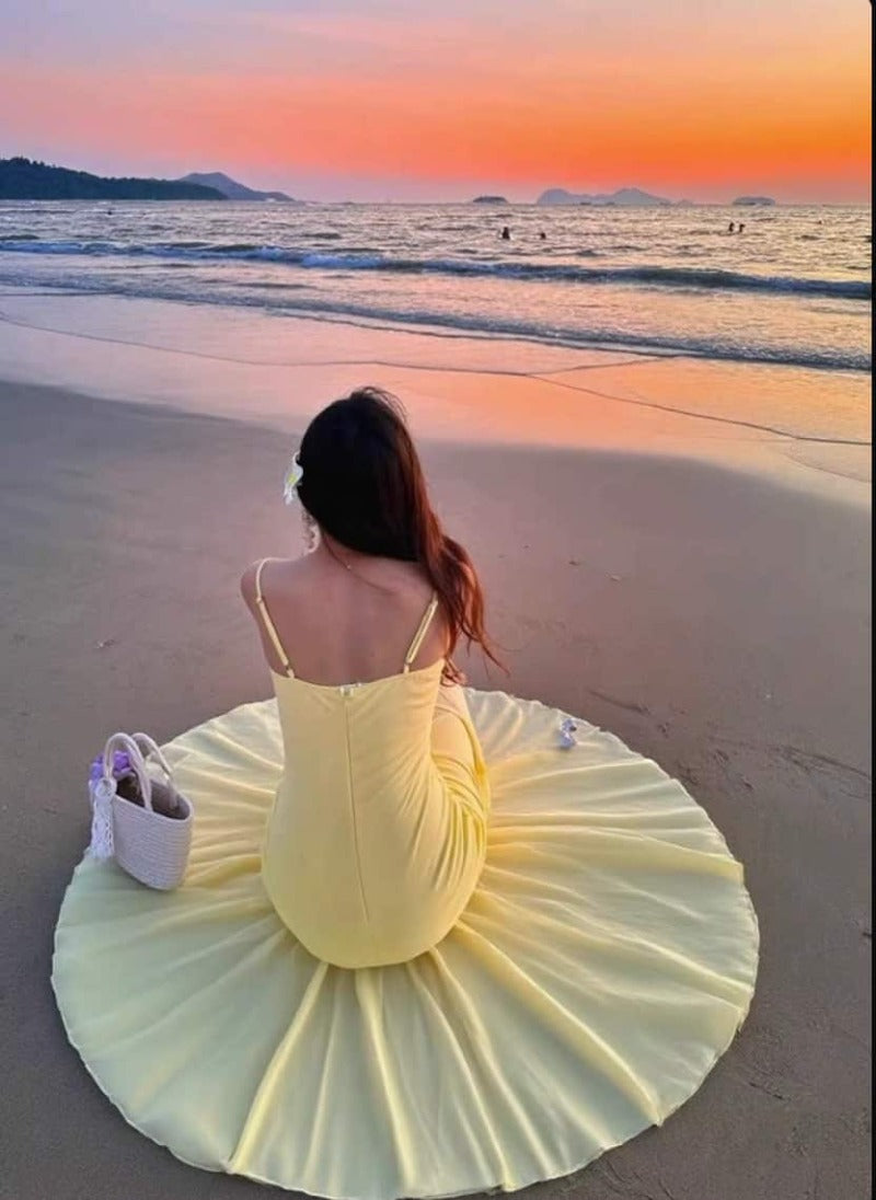 Sunlit Yellow Mesh Panel Mermaid Maxi Dress