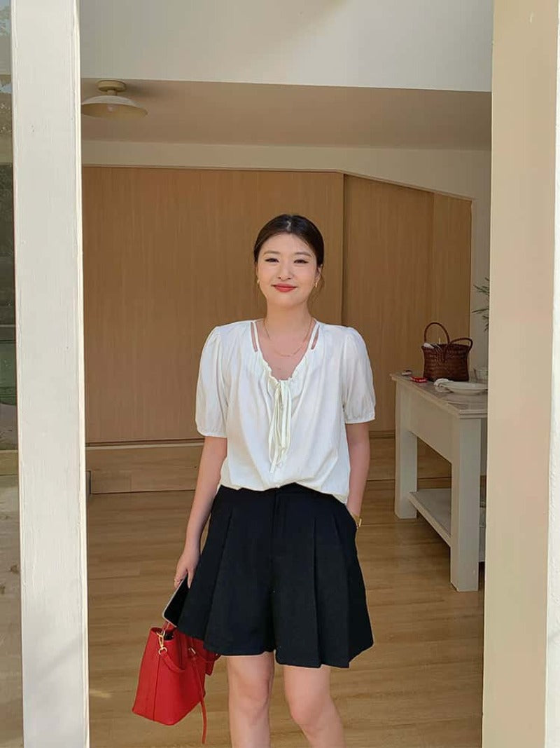 Apricot/Black Tie Front V Neck Puff Sleeve Blouse Top