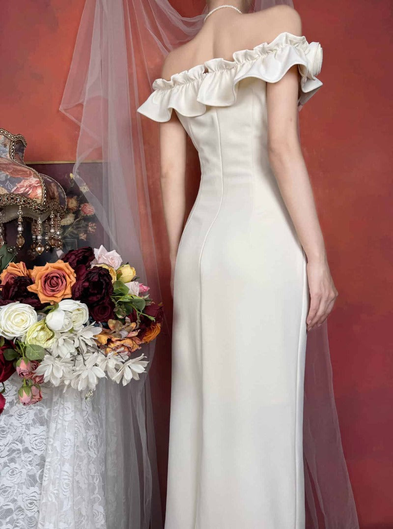 Off Shoulder Rose Appliqué Slit Maxi Dress