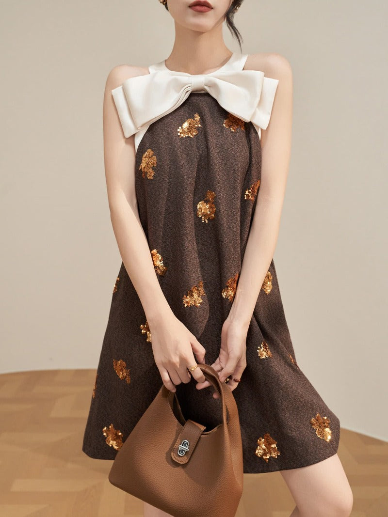 Brown Bow Neck Sequin Embellished Shift Mini Dress
