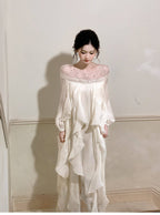 Ivory Sequin-Embellished Off-Shoulder Ruffle Maxi Dress