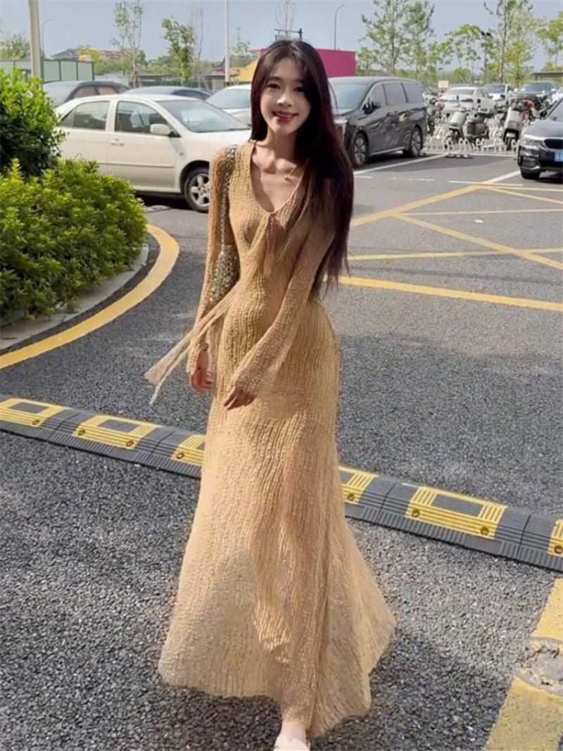 Desert Muse Khaki Mesh V Neck Bell Sleeve Maxi Dress
