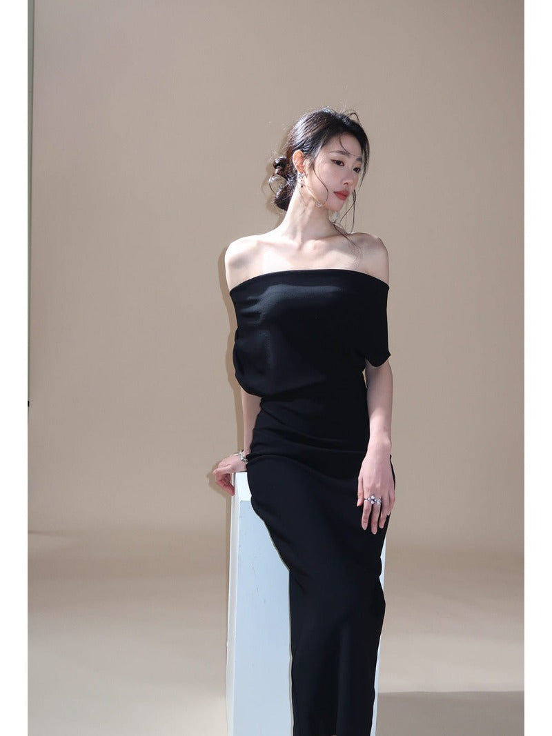 Asymmetric One Shoulder Draped Bodycon Midi Dress