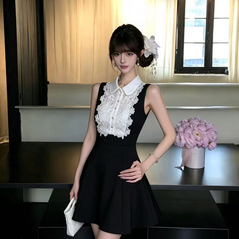 Black Belle Lace Peter Pan Collar Fit-and-Flare Mini Dress