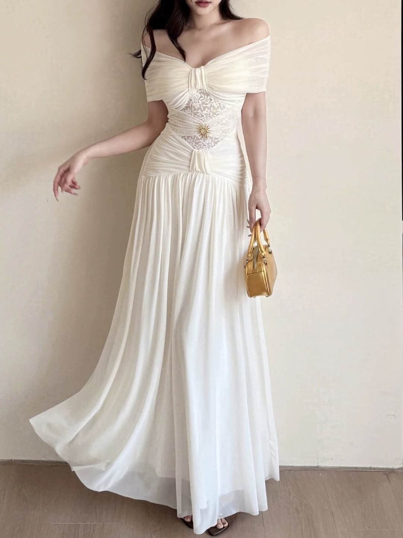 Black/White Off Shoulder Tie Waist A-Line Maxi Dress