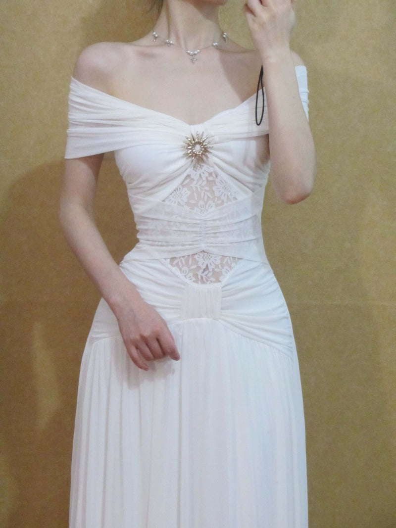 White Off Shoulder Ruched Mesh Panel A-Line Maxi Dress