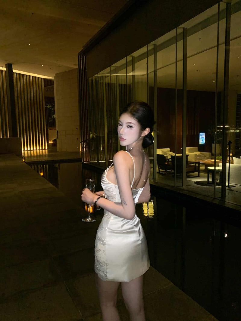 White Sultry Satin Sequin Bodycon Mini Dress