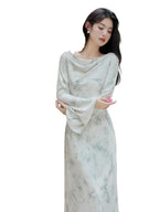 Cowl Neck Lantern Sleeve Pleated A-Line Maxi Dress