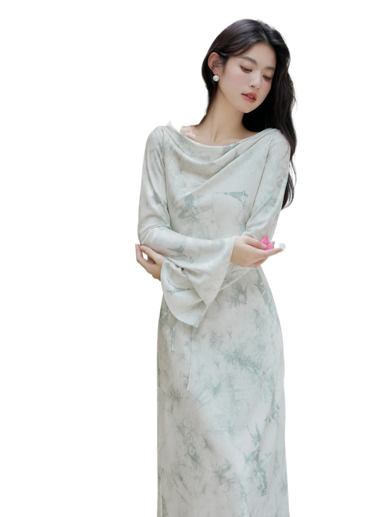 Cowl Neck Lantern Sleeve Pleated A-Line Maxi Dress