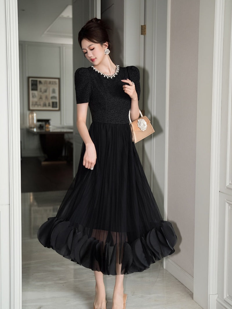 Black Pearl-Trim Lace Puff Sleeve Fit-and-Flare Midi Dress