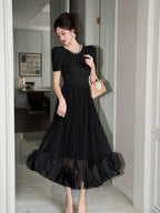 Black Pearl-Trim Lace Puff Sleeve Fit-and-Flare Midi Dress