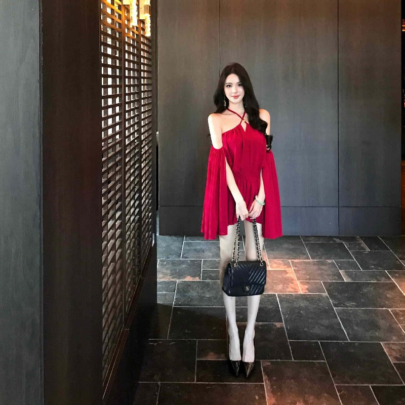 Red Off-Shoulder Draped Chiffon Mini Dress