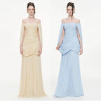 Sculpted Drape Off Shoulder Cape Maxi Dress