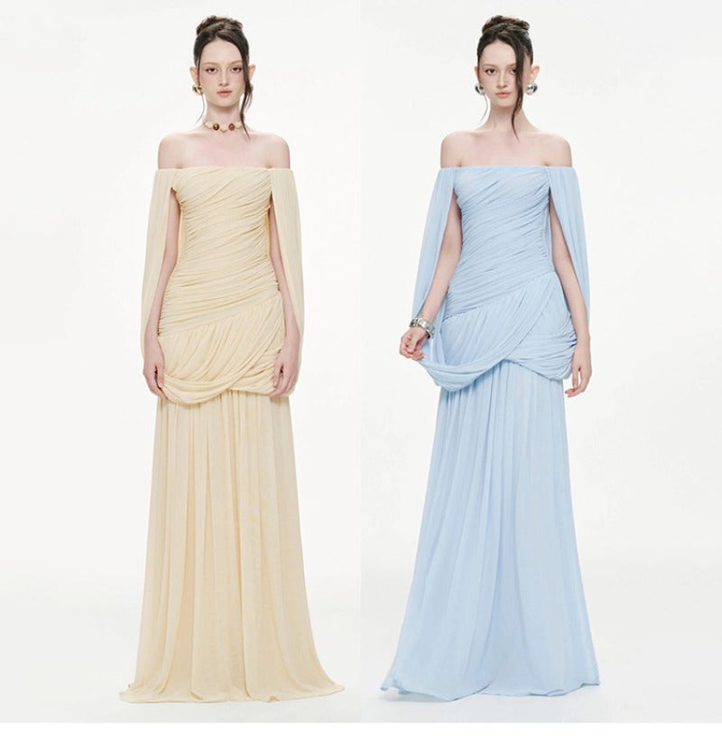 Sculpted Drape Off Shoulder Cape Maxi Dress