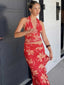Tropical Heat Red Floral Cutout Halter Maxi Dress