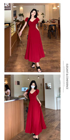 Wine Red V Neck Puff Sleeve Tie Back A-Line Maxi Dress