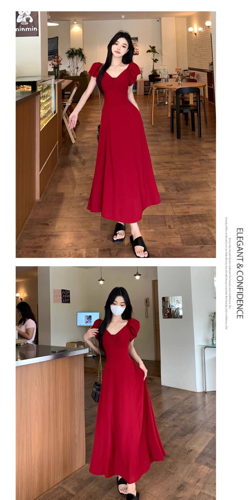 Wine Red V Neck Puff Sleeve Tie Back A-Line Maxi Dress