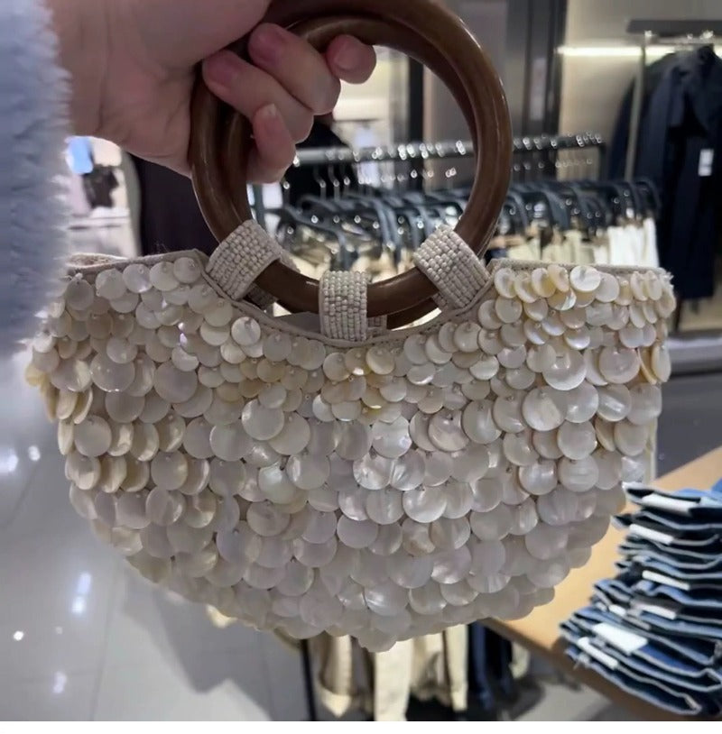 Ivory Shell Detail Evening Bag with Ring Handle