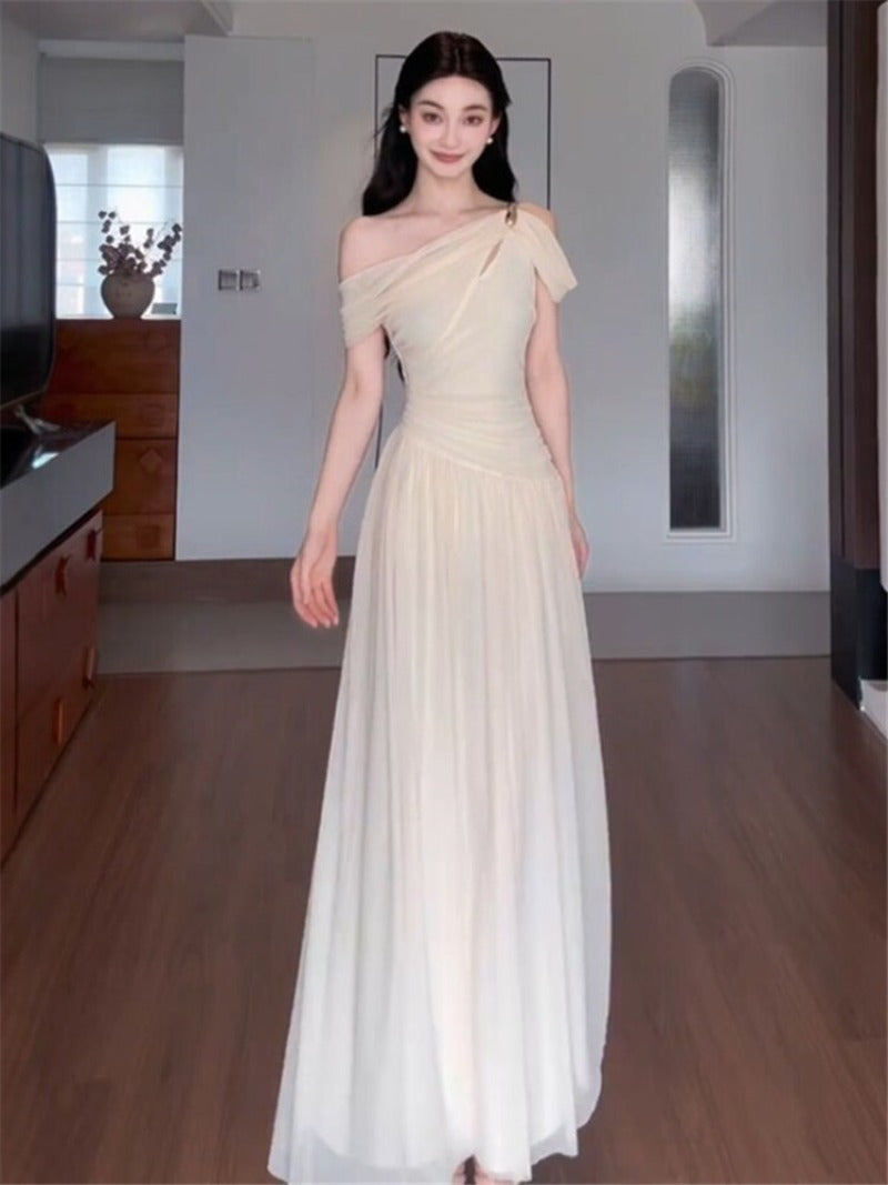 Elara Ivory Draped One Shoulder Maxi Dress