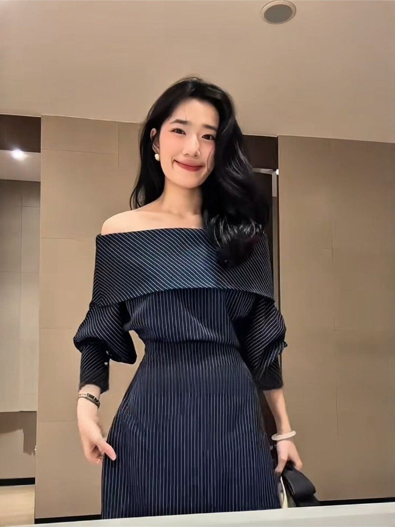 Off-Shoulder Pinstripe Long Sleeve Maxi Dress