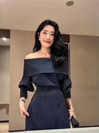 Off-Shoulder Pinstripe Long Sleeve Maxi Dress