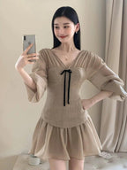 Mocha Muse V Neck Bow Corset Fit-and-Flare Mini Dress