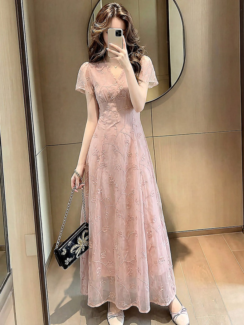 Draped V Neck Lace Sleeve Bodycon Maxi Dress