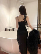 Sultry Lace Applique Cutout High-Slit Maxi Dress