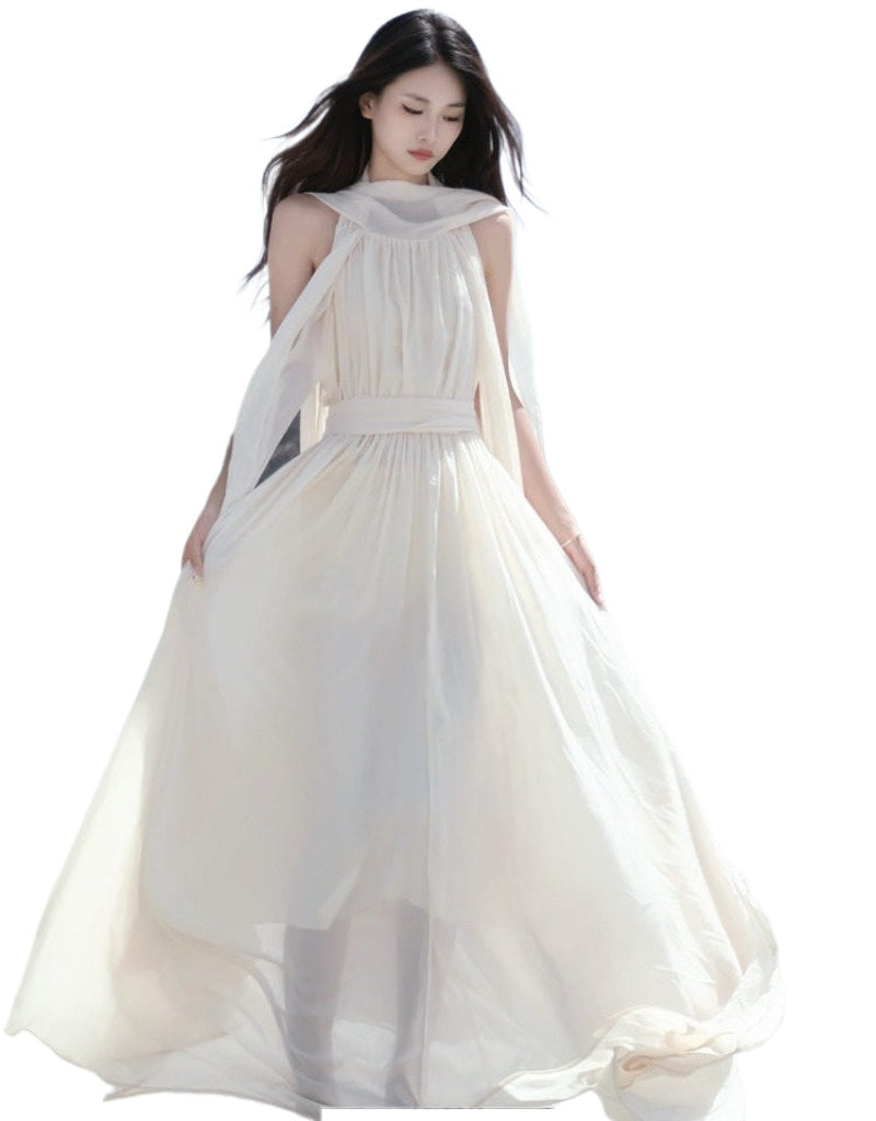 Desert Goddess Apricot Scarf Halter Backless Maxi Dress