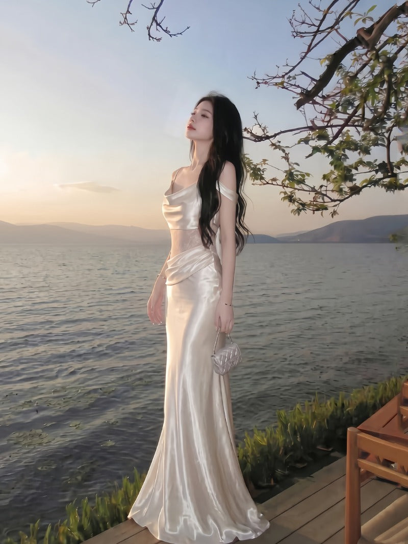 Ivory Cowl Neck Cutout Satin Mermaid Maxi Dress