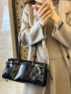 Black Glossy Shoulder Bag with Buckle Detail