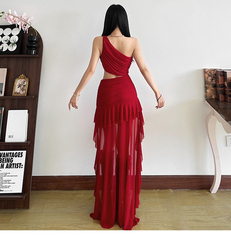Asymmetric One Shoulder Cutout Ruffle High-Low Maxi Dress