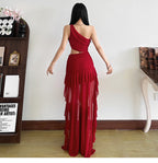 Asymmetric One Shoulder Cutout Ruffle High-Low Maxi Dress