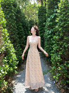 Apricot Pink Floral V Neck Ruched Maxi Dress