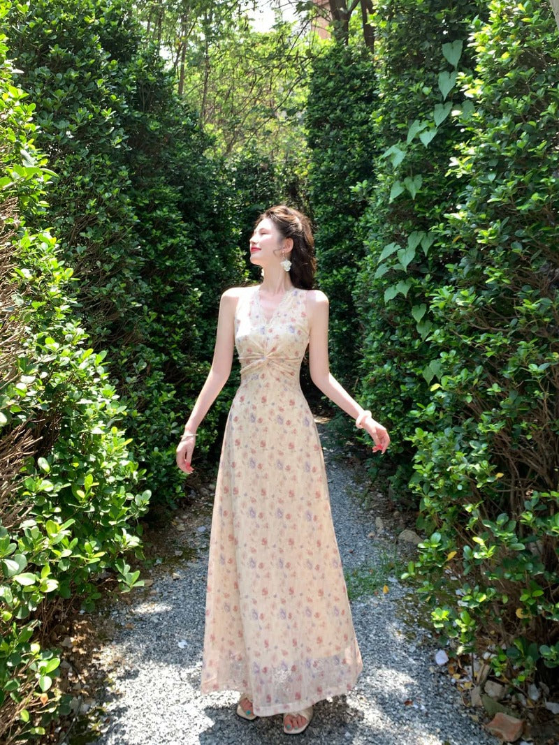 Apricot Pink Floral V Neck Ruched Maxi Dress