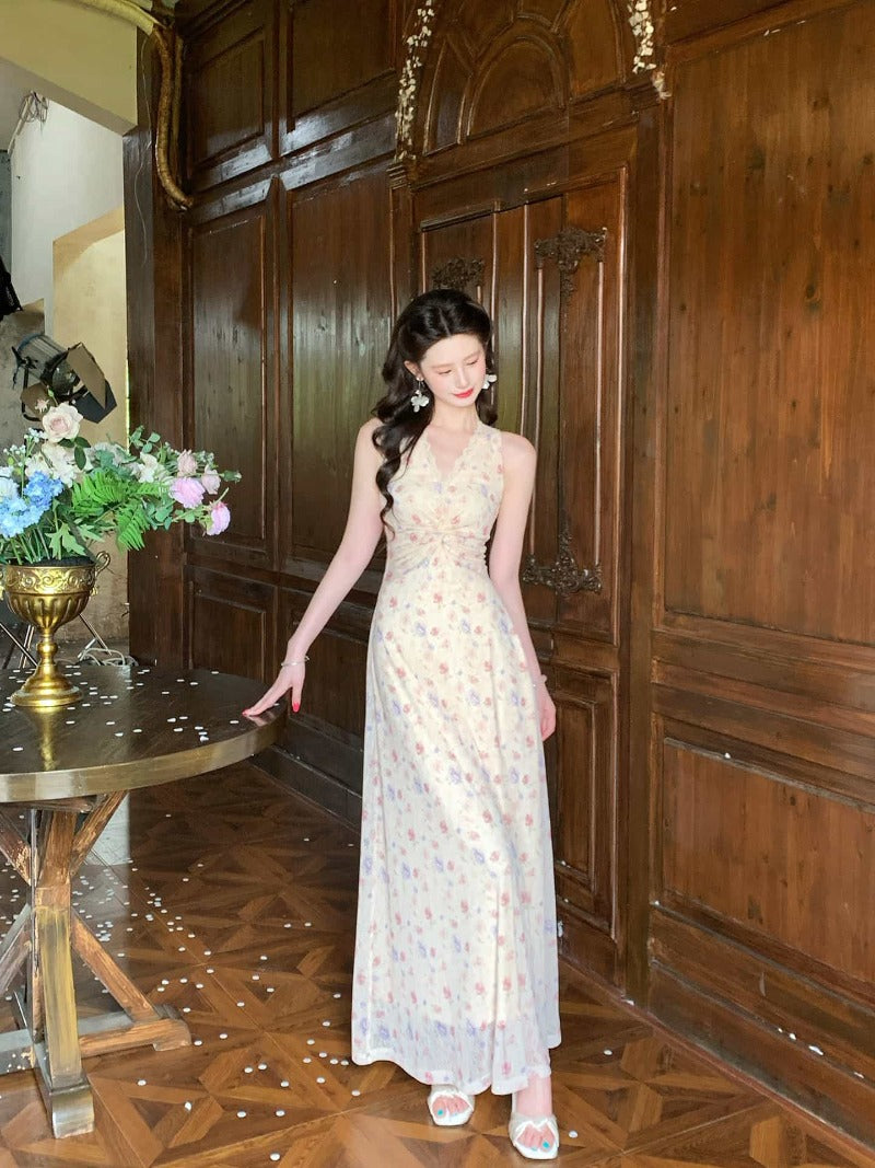 Apricot Pink Floral V Neck Ruched Maxi Dress