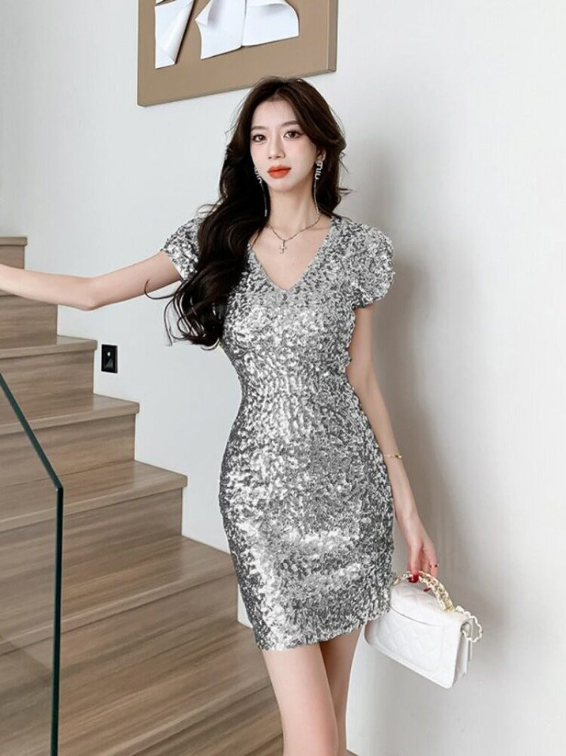 Sequin V Neck Ruched Bodycon Mini Dress