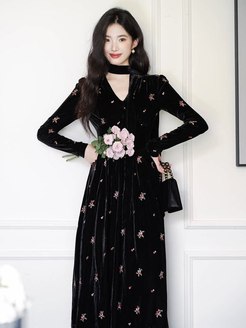 Black Floral Embroidered Velvet V Neck A-Line Maxi Dress Secondary image