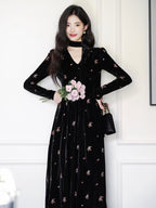 Black Floral Embroidered Velvet V Neck A-Line Maxi Dress