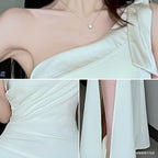 Cream One Shoulder Ruched Mermaid Maxi Dress