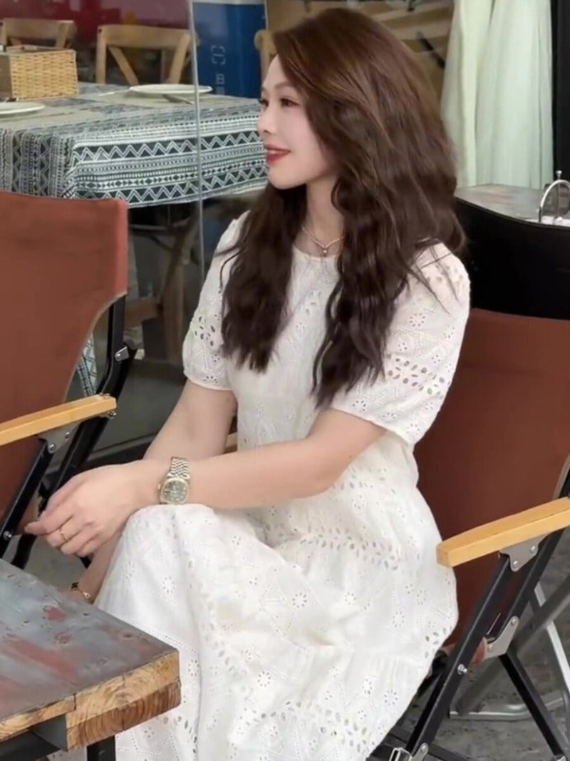 White Eyelet Lace Short Sleeve A-Line Midi Dress
