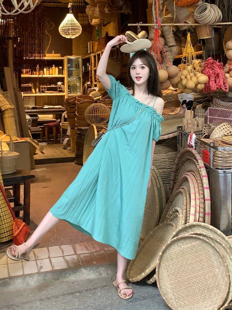 Turquoise Off-Shoulder Pleated Shift Maxi Dress