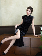 Vintage Black Velvet Mandarin Collar Side Slit Maxi Dress