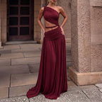Sultry Ruched One Shoulder Cutout Maxi Dress