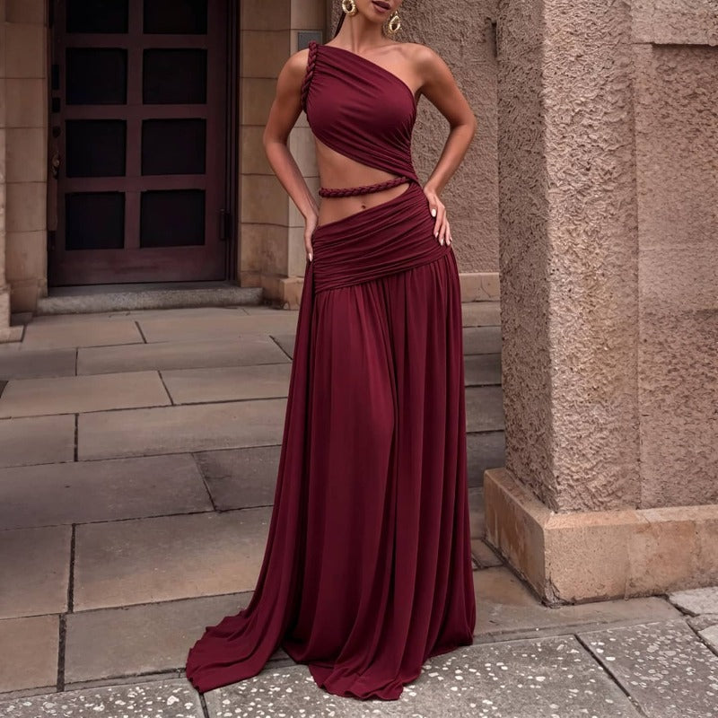 Sultry Ruched One Shoulder Cutout Maxi Dress