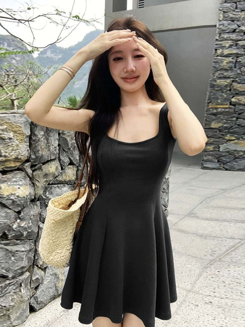 Navy/Green/Grey/Black Square Neck Sleeveless A Line Mini Dress
