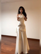 Champagne Asymmetric Draped Mermaid Maxi Dress