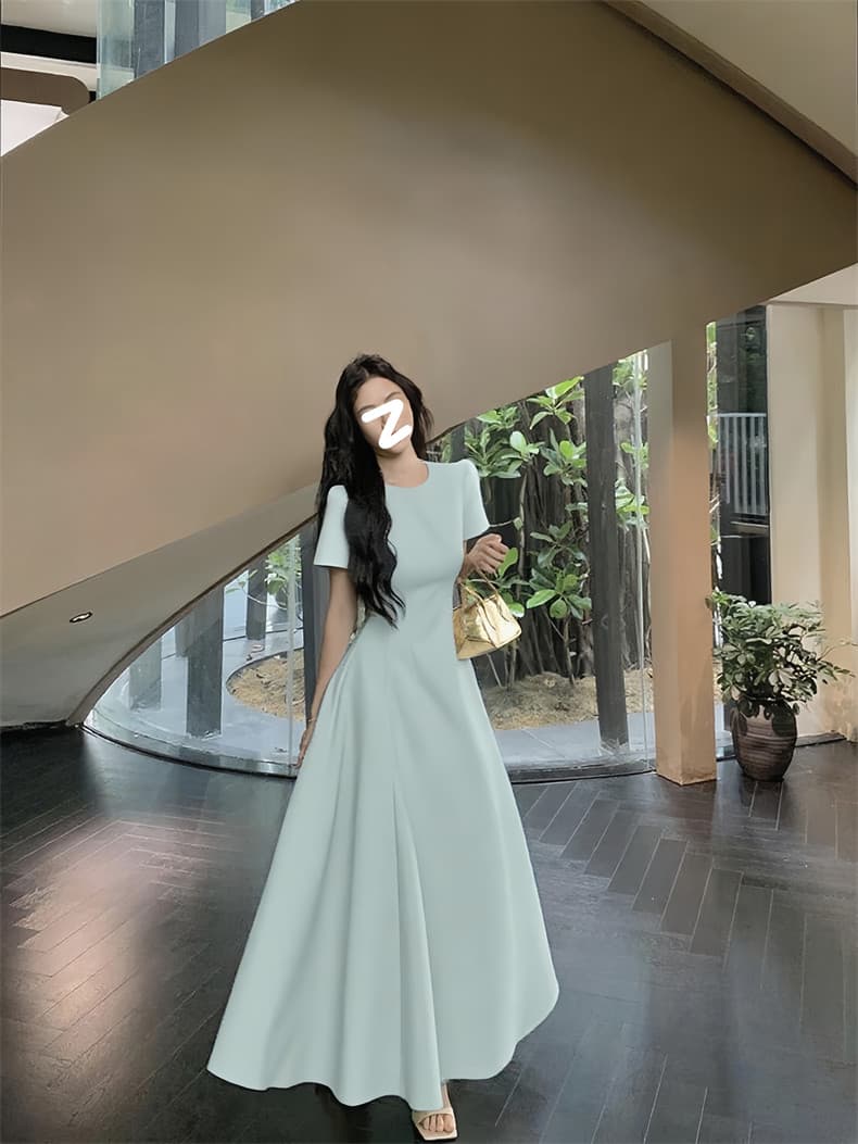 Round Neck Short Sleeve High Waist A-Line Maxi Dress